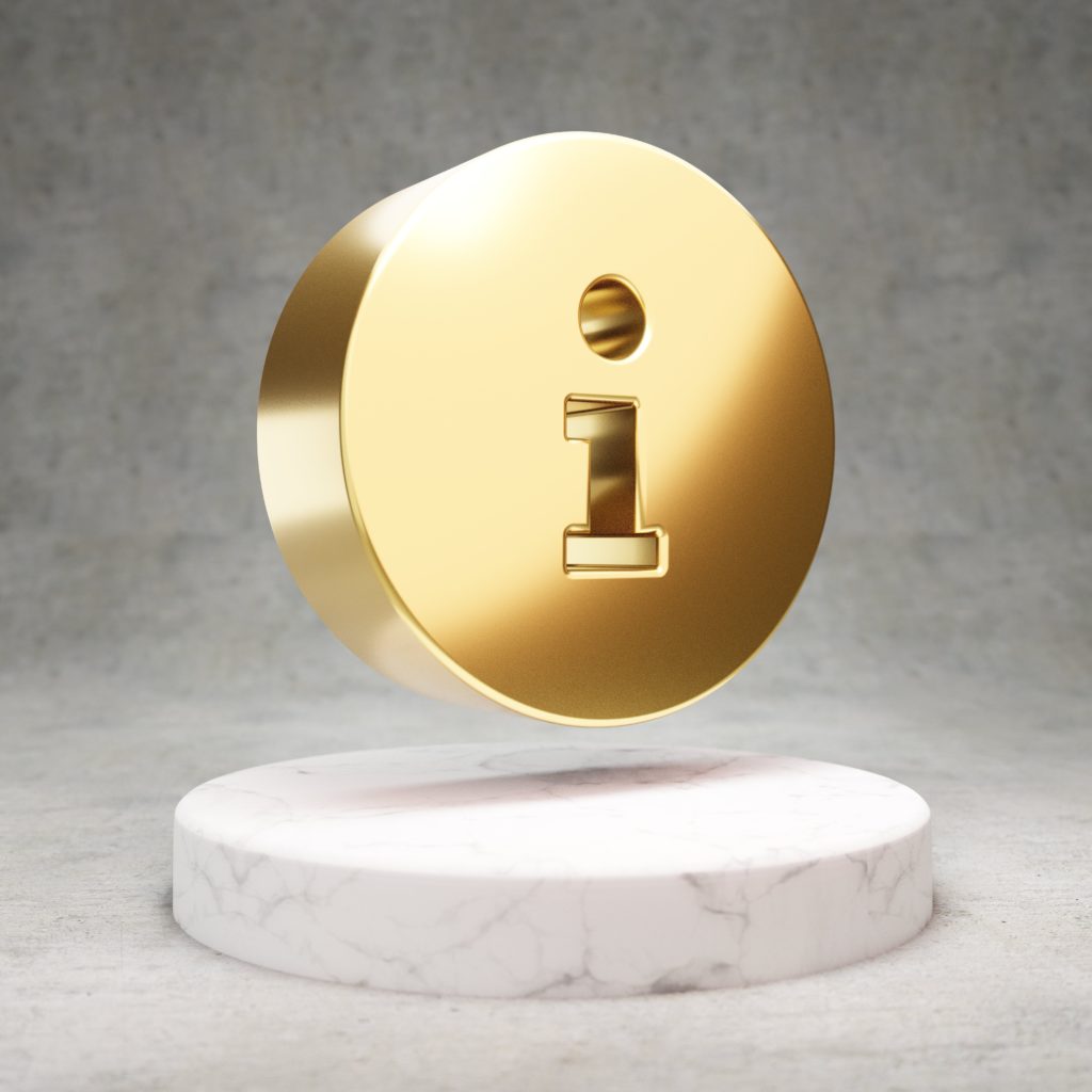 Info Circle Icon. Gold Glossy Info Circle Symbol On White Marble