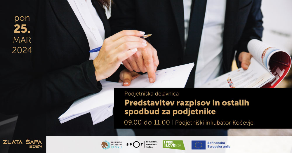 Naslovna pasica za dogodek "Predstavitev razpisov in ostalih spodbud za podjetnike". Na sliki se nahajata dve osebi oblečeni v črna sakoja, ki kažeta na dva zvezka, ki ju držita v rokah
